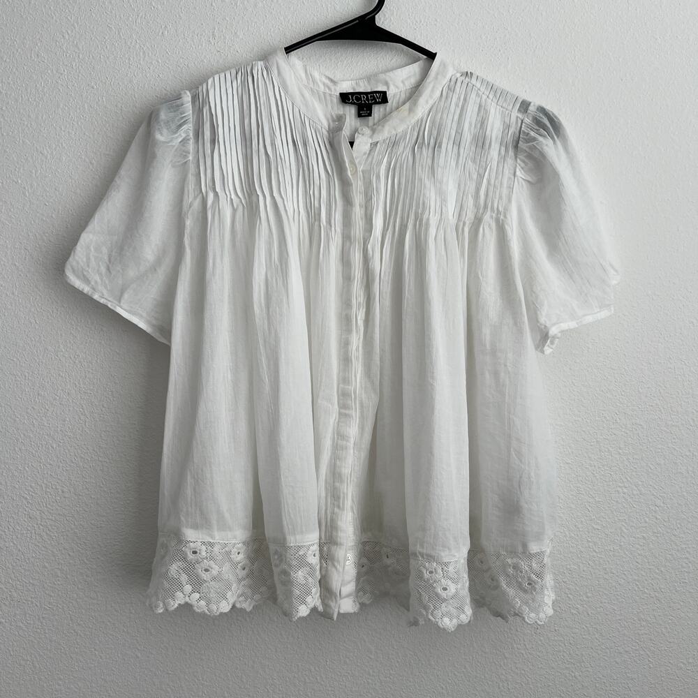 J Crew FLAWED Lace Trim Pintuck Top In Cotton Voile Small White